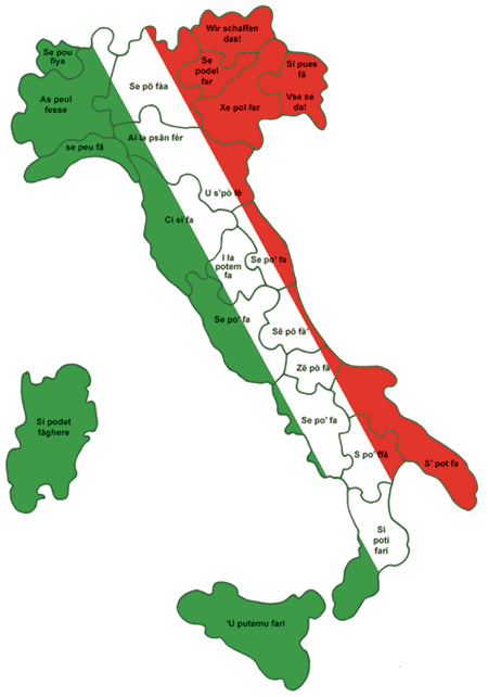 Mapa da itália mostrando a tradução de Yes! We Can! para diferentes idiomas locais.