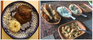 Dois pratos típicos, Mole poblano, mexicano, e moqueca de pintado e farofa de banana do Brasil