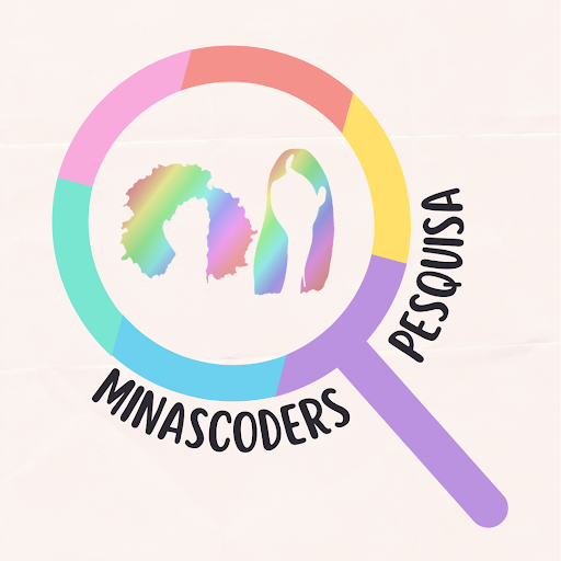 Logotipo do Minacoders pesquisa. Há duas mulheres dentro de uma lupa colorida. As mulheres possuem o cabelo crespo e o outro liso. 