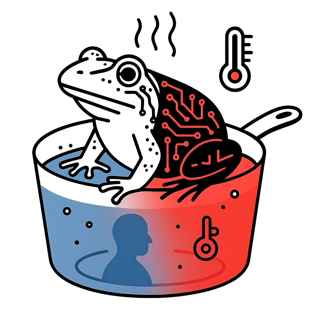 Figura para representar o problema do sapo cozido, com uma panela com um sapo em cima, do lado esquerdo dentro da panela está azul e o sapo está em branco. Do lado direito, dentro da panela está vermelho e o sapo está em preto com circuitos em vermelho. Tem um termômetro deste lado, indicado alta temperatura.