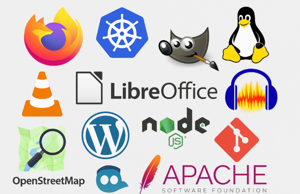 Composição de logotipos de diversos projetos de software livre e código aberto sobre um fundo cinza claro. Entre os ícones visíveis estão: Firefox (raposa de fogo), Kubernetes (leme azul), GIMP (animal com pincel), Linux (pinguim Tux), VLC (cone de trânsito), LibreOffice (documento dobrado), Audacity (ondas sonoras em fones), OpenStreetMap (lupa sobre mapa), WordPress (letra W), Node.js, Git (diamante vermelho com ramificações) e Apache Software Foundation (pena colorida).