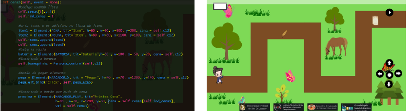 Cenas do jogo criado durante o SuperPython. Código utilizado para
montar a cena 2 (esquerda) e a cena 2 após ser compilada (direita)